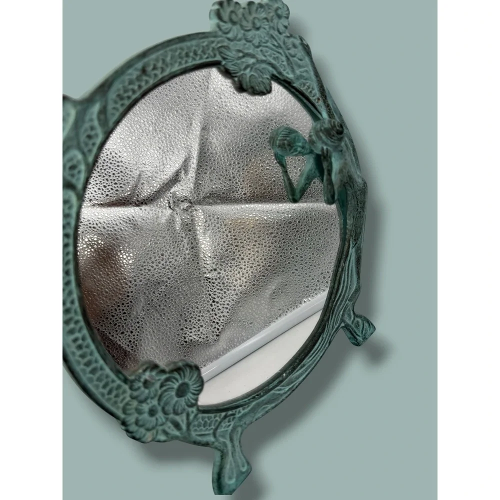 Vintage Art Nouveau Lady Tabletop Mirror Verdigris Metal Fairycore Mermaidcore